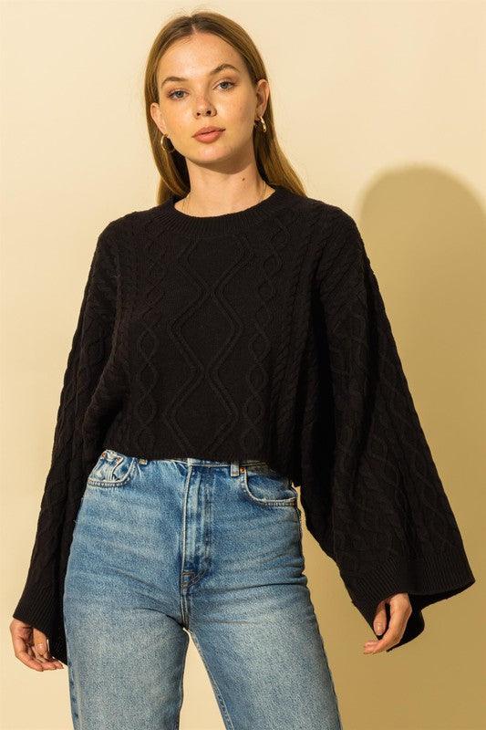 wide sleeve cable knit crop sweater-Tops-Sweater-Hyfve-Black-HF21G343-10-RK Collections Boutique
