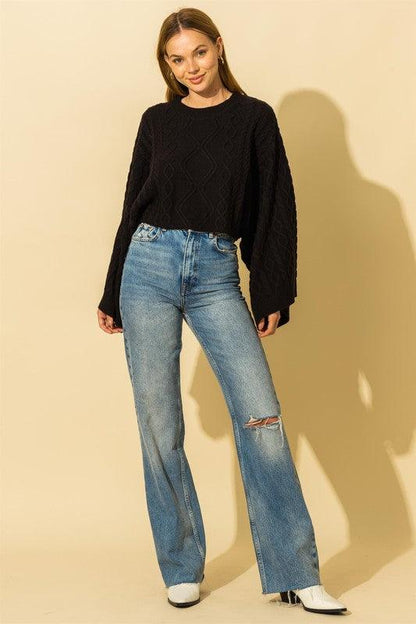 wide sleeve cable knit crop sweater-Tops-Sweater-Hyfve-RK Collections Boutique