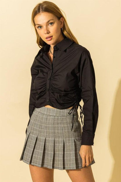 woven button down drawstring ruched crop top-Tops-Long Sleeve-HyFve-Black-HF22A493-1-RK Collections Boutique