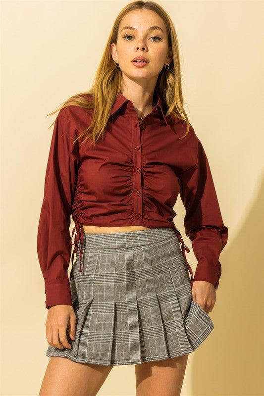 woven button down drawstring ruched crop top-Tops-Long Sleeve-HyFve-Wine-HF22A493-4-RK Collections Boutique