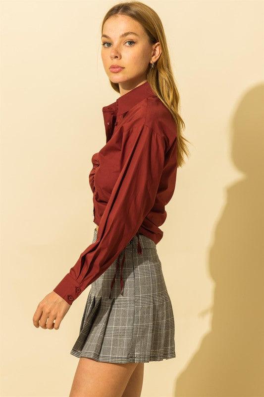 woven button down drawstring ruched crop top-Tops-Long Sleeve-HyFve-RK Collections Boutique